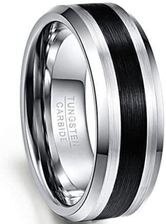 NUNCAD Anillo Hombre Mujer Pareja de Tungsteno con Raya de Negro 8mm Plateado Cepillado Talla 49-72 (Diámetro Interior 15,7mm - 23,0mm)