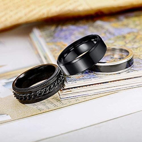 LOLIAS 3Piezas Negro Anillos para Hombres Anillos de Acero Inoxidable para Hombres Anillo de Cadena Banda Vintage Anillos para Hombre Anillo Negro Regalo para Hombres - Imagen 7