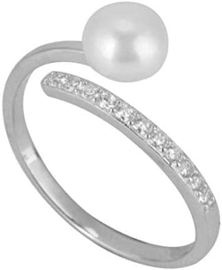 S925 Anillo de plata esterlina, anillo personalizado elegante apertura ajustable mujeres sencillas Zircon Faux Pearl anillo personalizado para cumpleaños de compromiso de boda (tamaño de EE. UU. 7)