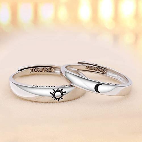 Beydodo 1Par Anillo Pareja Ajustable Plata de Ley Redondo Grabado Luna Sol Anillos de Compromiso de Plata - Imagen 4