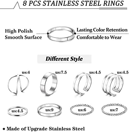 MILACOLATO-Juego 8 Piezas Juntas Huecas de Anillos para Nudillos Anillo de Acero Inoxidable, Anillos Simples Apilables para Dedos Lisos para Mujeres, Anillo Midi Bohemio Simple Chapados En Oro/Plata - Imagen 2