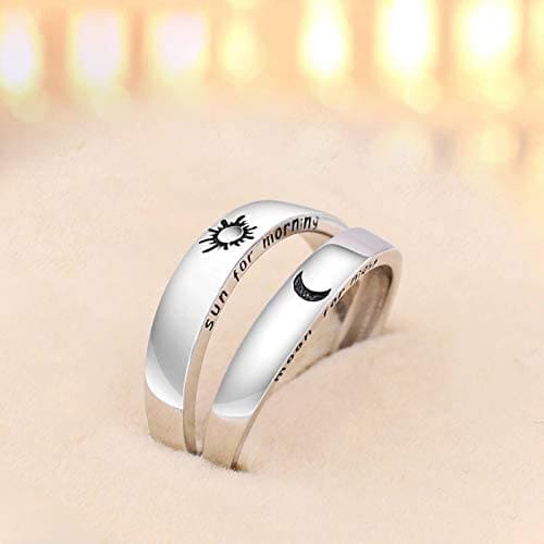Beydodo 1Par Anillo Pareja Ajustable Plata de Ley Redondo Grabado Luna Sol Anillos de Compromiso de Plata - Imagen 3