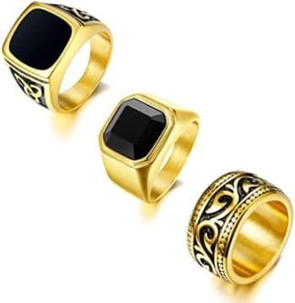 CASSIECA Anillo de Sello Ancho Anillos de Acero Inoxidable Moda Preferida de Hombres Esmalte Ágata Anillo Tallado Religioso Oro de Vintage Hip Hop Rock Viking Anillos de Compromiso Anillo de Amistad