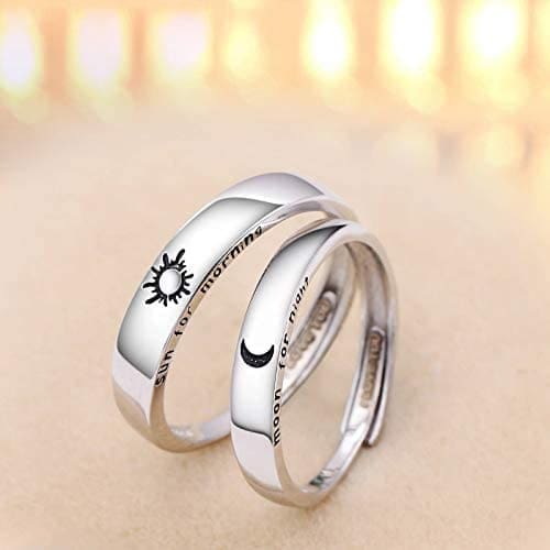 Beydodo 1Par Anillo Pareja Ajustable Plata de Ley Redondo Grabado Luna Sol Anillos de Compromiso de Plata - Imagen 5
