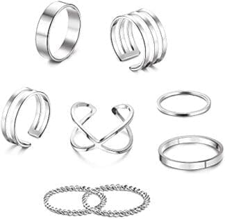 MILACOLATO-Juego 8 Piezas Juntas Huecas de Anillos para Nudillos Anillo de Acero Inoxidable, Anillos Simples Apilables para Dedos Lisos para Mujeres, Anillo Midi Bohemio Simple Chapados En Oro/Plata