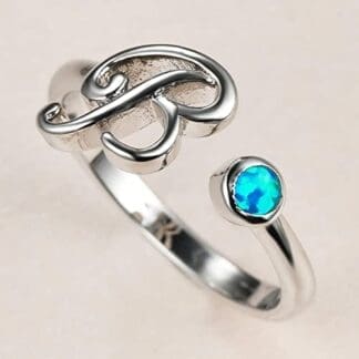 Bonito Anillo Abierto con Letra B para Mujer, Anillos De Boda Finos De Color Plateado para Mujer, Anillo De Compromiso De Ópalo Redondo Azul