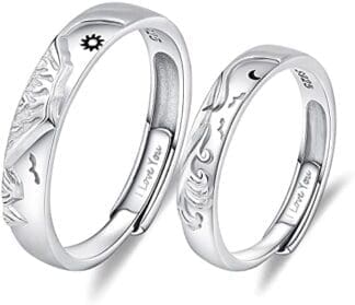 ANAZOZ Anillos Compromiso Pareja, Joya Plata 925, Anillo Ajustable Simple Anillo Pareja Sol y Luna de Montaña y Mar, Alianzas Boda Regalo Aniversario Pareja