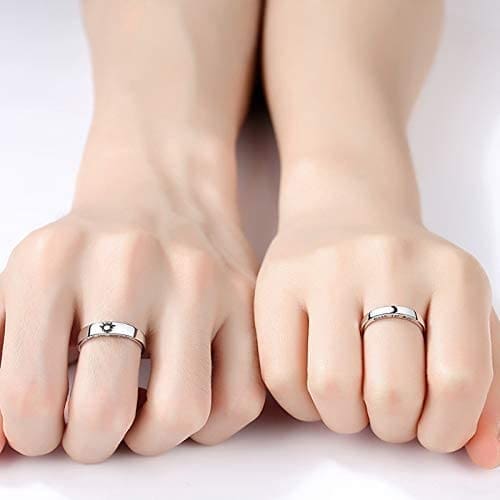 Beydodo 1Par Anillo Pareja Ajustable Plata de Ley Redondo Grabado Luna Sol Anillos de Compromiso de Plata - Imagen 2