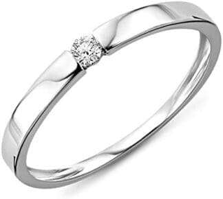 Miore Anillo solitario de compromiso en oro blanco 9 quilates 375/1000 con diamante natural talla brillante de 0,05 quilates