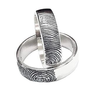 Par de anillos de compromiso de plata con huellas dactilares y nombre personalizado, 6 mm de ancho, precio para 2 anillos.