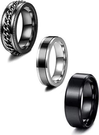 LOLIAS 3Piezas Negro Anillos para Hombres Anillos de Acero Inoxidable para Hombres Anillo de Cadena Banda Vintage Anillos para Hombre Anillo Negro Regalo para Hombres