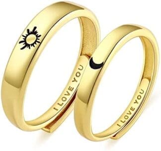 Beydodo 1Par Anillo Pareja Ajustable Plata de Ley Redondo Grabado Luna Sol Anillos de Compromiso de Plata