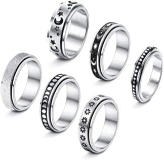 JeweBella 6 Piezas Anillo Antiestres Acero Inoxidable para Mujer Hombre Anillo Ansiedad Anillo Antiestres Giratorio Anxiety Ring Anillos Triple Entrelazado Rolling Flower Moon Star Anillo Talla 9-22