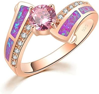 LOKILOKI Anillos De Ópalo De Fuego Violeta Violeta Atemporal Color Oro Rosa Zirconia Cúbica Rosa Cristal Piedra Redonda Joyería Clásica Mujer Niña