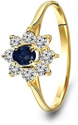 MIORE - Anillo de Compromiso para Mujer, Oro Amarillo 585 de 14 Quilates con Piedras Preciosas de Zafiro Azul y circonitas Redondas