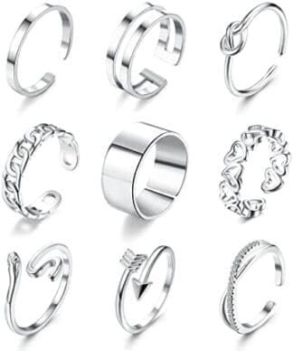 JeweBella 9 Piezas Anillos Mujer Plata/Oro Acero Inoxidable Boho Anillos Abierta Minimalista Apilables Anillos Nudillos Juego