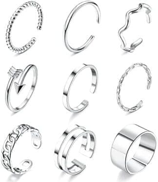 JeweBella 9 Piezas Anillos Mujer Plata/Oro/Oro Rosa Acero Inoxidable Minimalista Anillos Nudillos Apilables Anillos Ajustable Abierta