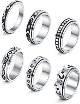 LOLIAS 6 Piezas Fidget Band Anillos Set Anillos Giratorios De Acero Inoxidable para Mujeres Hombres Moon Star Sand Flower Anillo para Mujer para Aliviar El Estrés Promesa de Boda Tamaño 9-22