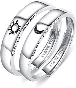 Beydodo 1Par Anillo Pareja Ajustable Plata de Ley Redondo Grabado Luna Sol Anillos de Compromiso de Plata