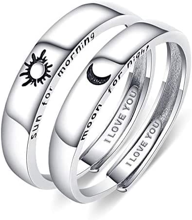 Beydodo 1Par Anillo Pareja Ajustable Plata de Ley Redondo Grabado Luna Sol Anillos de Compromiso de Plata