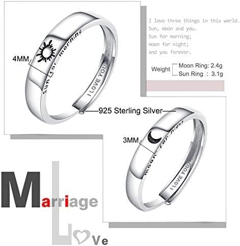 Beydodo 1Par Anillo Pareja Ajustable Plata de Ley Redondo Grabado Luna Sol Anillos de Compromiso de Plata - Imagen 6