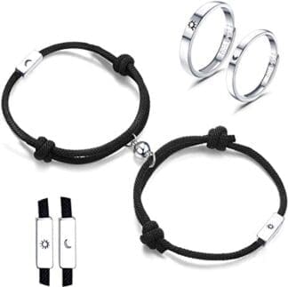 YADOCA Anillo de Compromiso Pareja con Grabado I Love You Sol Luna Anillos de Boda Pareja Pulsera Magnética Parejas