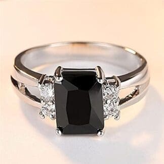 DarryDooly Vintage Masculino Femenino Negro Cuadrado de Piedra Anillo de Piedra Color Plata Banda de Boda Promesa de Cristal Anillos de Compromiso para Hombres y Mujeres