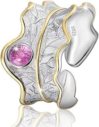 Lotus Fun Anillos de plata de ley 925 ajustables con hoja de peonía, hechos a mano, joyería única, regalo para mujeres y niñas