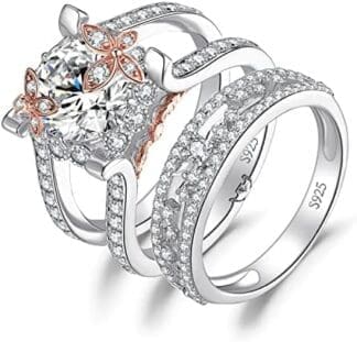 JewelryPalace Vintage Set Anillo de Compromiso Mujer con Circonita, Anillos Apilables Oro Rosa Plata de Ley 925 con Piedras, Banda de Boda Conjunto para Novia con Diamante Simulado