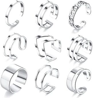 JeweBella 9 Piezas Anillos Mujer Abierta Acero Inoxidable Boho Anillos Nudillos Minimalista Apilables Anillos Plata/Oro/Oro Rosa