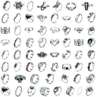 Morfetto 62 Uds Anillos Punk de Plata Vintage para Mujeres y Hombres, Juego de Anillos Góticos Geniales Ajustables, Anillos de Nudillos Gruesos Boho Apilables, Anillos Y2K Abiertos de Corazón