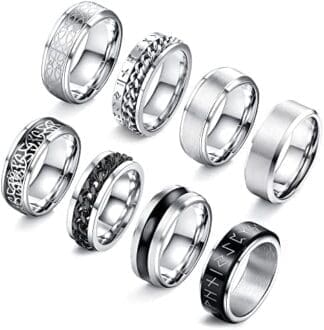 LOLIAS 8 Pcs Anilos Hombre Acero Inoxidable Abrebotellas Giratorios Cadena Banda Vintage Plata Anillos para Hombre Anillo Negro Regalo Tamano 14-30