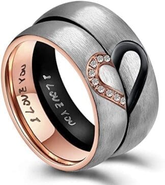 ANAZOZ Anillo 1PCS Anillo Pareja Acero Inoxidable Anillo Pareja Corazón Grabado I Love You Anillo Oro Rosa y Negro