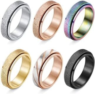 JeweBella 6 Piezas Anillo Antiestres Acero Inoxidable para Mujer Hombre Anillo Ansiedad Anillo Antiestres Giratorio Anxiety Ring Anillos Esmerilado de Color Rolling Anillo Talla 9-25