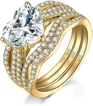 JewelryPalace Set Anillo Compromiso Mujer Plata Oro 14k Oro Rosa, Solitario Anillo Apilable 3ct Circonita Corte Corazón, Anillo Promesa Diamante Simulado, Banda de Boda Eternity Conjunto de Novia