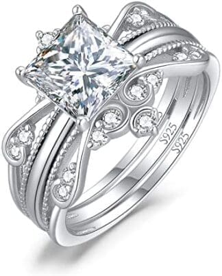 JewelryPalace Corona Anillo Mujer Plata Oro 14k Oro Rosa, Solitario Anillo Compromiso 2ct Circonita Corte Princesa, Anillo Promesa Vintage Diamante Simulado, Banda de Boda Conjunto Novia
