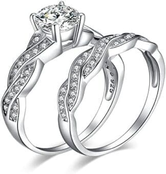 JewelryPalace Infinito Anillo Mujer Plata Oro 14k Oro Rosa, Anillo Compromiso Solitario 1.3ct Circonita Corte Redonda, Anillo Promesa Banda de Boda Piedra Diamante Simulado, Conjunto Joyas Novia