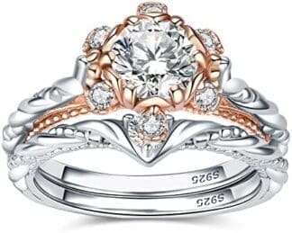 JewelryPalace Vintage Set Anillo de Compromiso Mujer con Circonita, Anillos Apilables Oro Rosa Plata de Ley 925 con Piedras, Banda de Boda Conjunto para Novia con Diamante Simulado