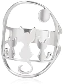 Hipee Anillo de Gato de Acero Inoxidable Anillo de Gato de Luna Llena Redimensionable Hueco Anillo Gato Creativo Lindo Animal Mascota Amante Joyas Para Mujer