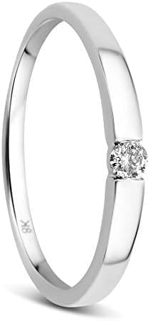Orovi Anillo solitario de oro blanco de 8 quilates (333) y diamante de 0,05 quilates