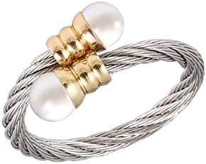 Anillos de Cable Anillo Abierto Torcido Vintage Ajustable para Mujer Joyería de Acero Inoxidable Brillante con Perlas