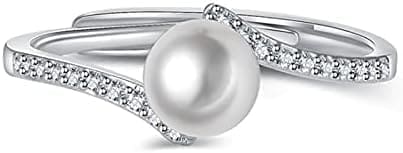 HCMA Anillos de Perlas de Moda Joyas de Plata 925 con Piedras Preciosas de circón Anillo de Dedo Abierto Accesorios Finos para Regalo de Fiesta de Compromiso de Boda