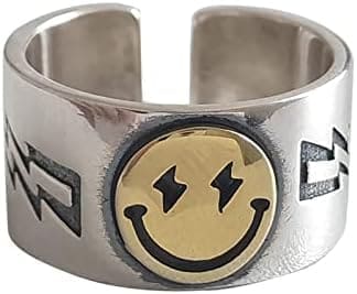 Saturey Anillos Abiertos Smiley de Plata de Ley 925, Anillos de Fiesta for Hombres y Mujeres