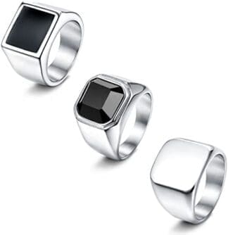 JeweBella 3 Piezas Anillo Hombres Sello Acero Inoxidable Vintage Punk Biker Anillos Conjunto Gótico Anillos de Ágata Cuadrada Simple Joyería para Hombres Mujeres Tamaño 14-30