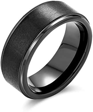 Bling Jewelry Anillo De Boda De Titanio Negro O Plateado En Tono Dorado Para Hombre, Personalizado, Ancho, Pulido, Borde Biselado, Cepillado, Satinado, Mate, 8Mm.