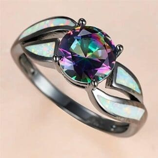 Anillo De Piedra De Ópalo De Fuego Blanco para Mujer, Anillos De Boda De Oro Negro De, Anillos De Compromiso De Circón Redondos De Arcoíris Vintage para Mujer