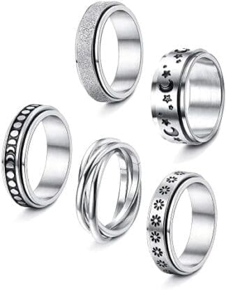 TOFBS 5 Piezas Anxiety Ring Anillos Giratorios para Mujer Juego De Anillos De Acero Inoxidable Fidget Band Triple Entrelazado Rolling Flower Moon Star Anillo Aliviar El Estrés Promesa De Boda