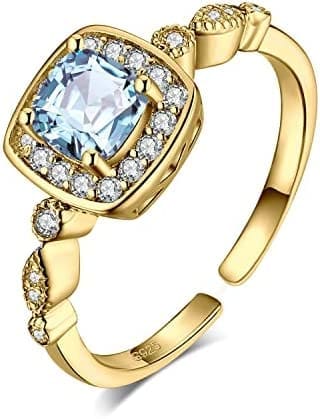 JewelryPalace Anillo Mujer Plata Oro 14k Oro Rosa Ajustable, Halo Anillos de Compromiso con 1ct Natural Topacio Azul Cielo Corte Cojín, Anillo Niña Abierto con Piedra, Joyas de Mujer