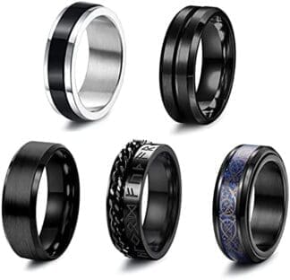 KALVICA 5 Piezas Anillos Acero Inoxidable Giratorios para Hombre Juego de Anillos Negro Tamaño del Anillo 14 17 20 22 24 27 30