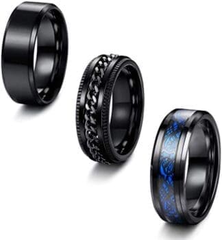 MILACOLATO 3 Anillos Hombre Negro Acero Inoxidable Fresco Cadena Torcida Anillo Ansiedad Dragón Celta Banda Anillo Spinner Abrebotellas De Cerveza Anillo Giratorio Fidget Ring 8mm Ancho